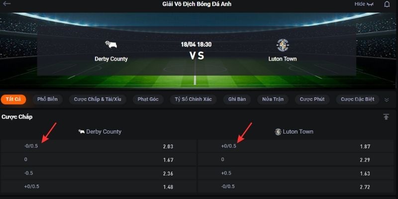 Bảng cược handicap của kèo đấu giữa Derby vs Luton tại giải hạng nhất Anh